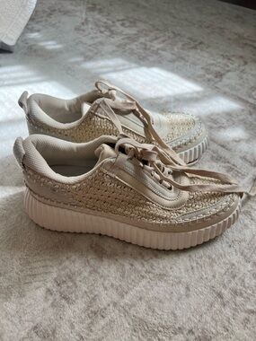 Woven Platform Sneakers in Beige - Women's Casual Lace-Up